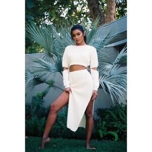 HOUSE OF CB Cream White Tatum Sweater Cut Out Top Fernanda Ribbed Skirt Set NWT